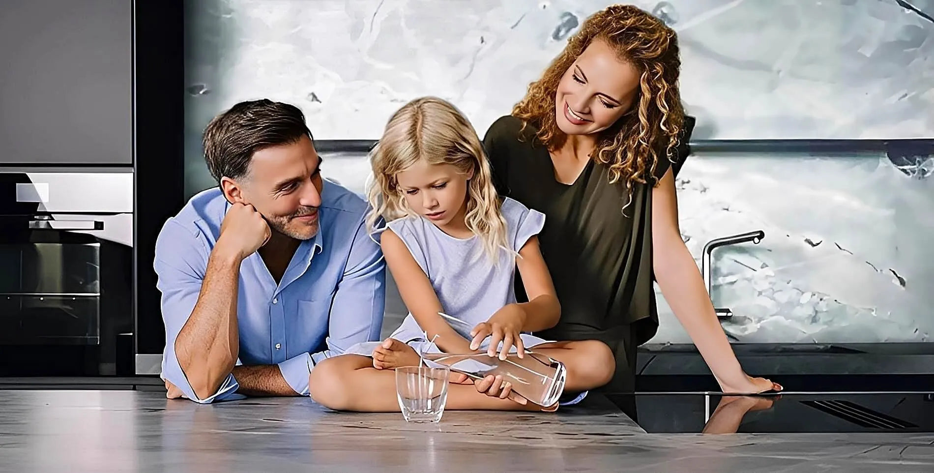 Familie in der Küche mit Glas reinem Wasser