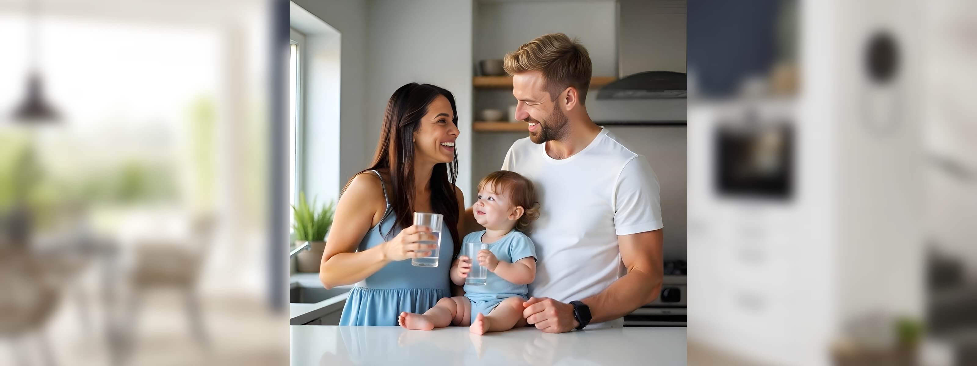 Familie in der Küche mit Glas reines Wasser