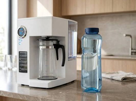 Nahaufnahme einer gefüllten Tritan Trinkflasche neben einer Umkehrosmoseanlage in einer modernen Küche