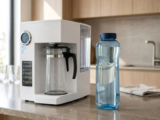 Nahaufnahme einer gefüllten Tritan Trinkflasche neben einer Umkehrosmoseanlage in einer modernen Küche