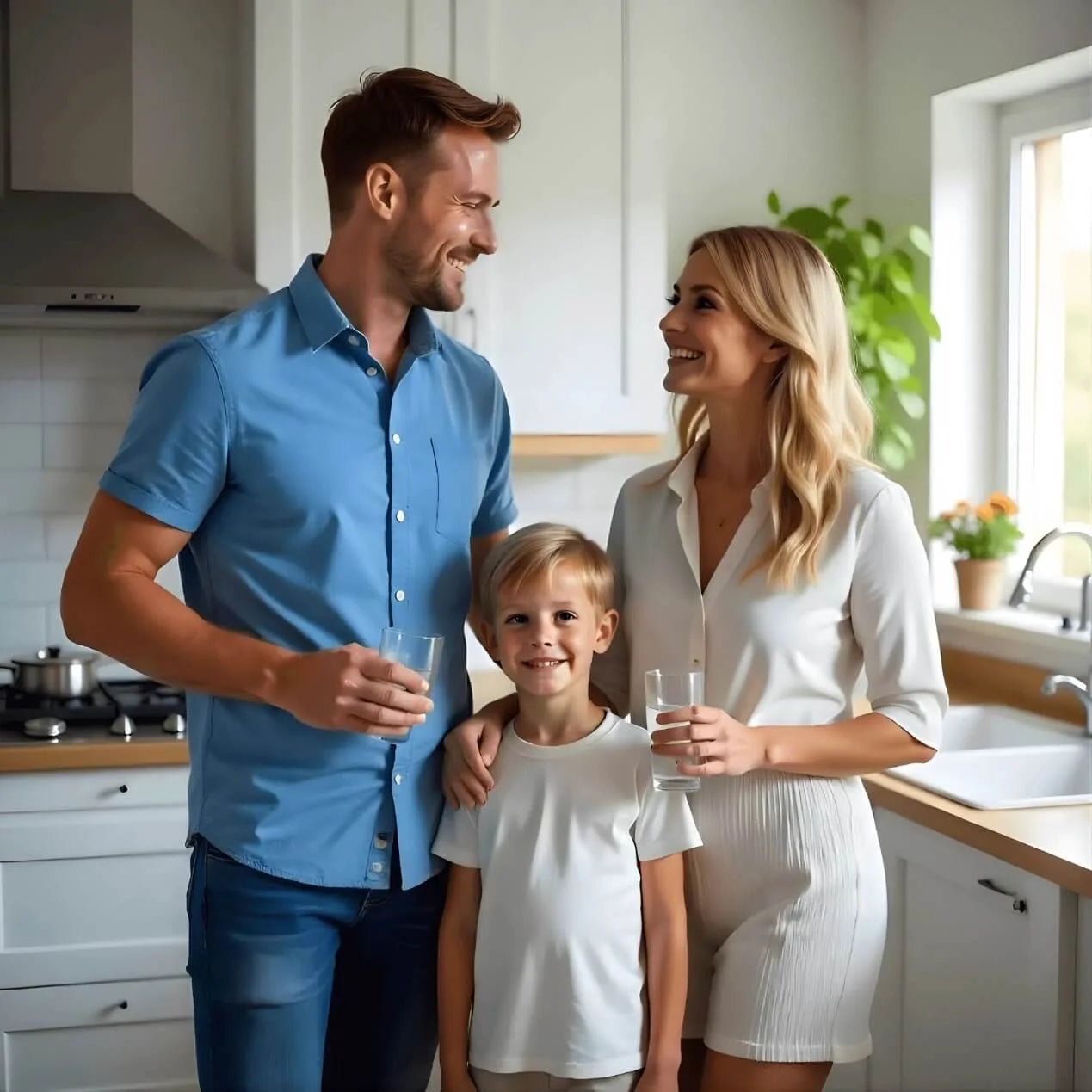 Familie in der Küche mit zwei Gläser Osmosewasser