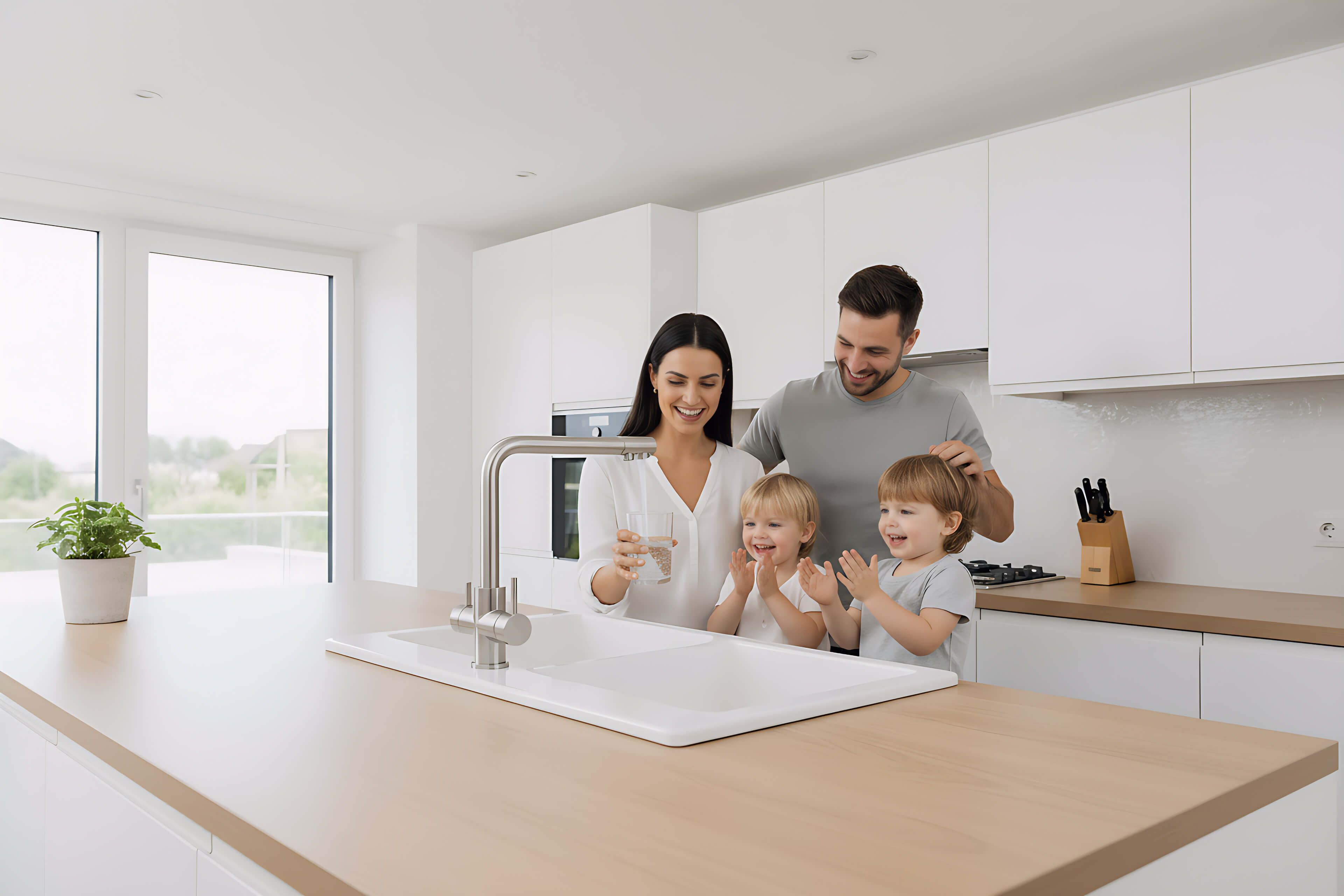 hero-banner Familie in Küche mit Osmoseanlage und Wasserfilter - Bild KI generiert