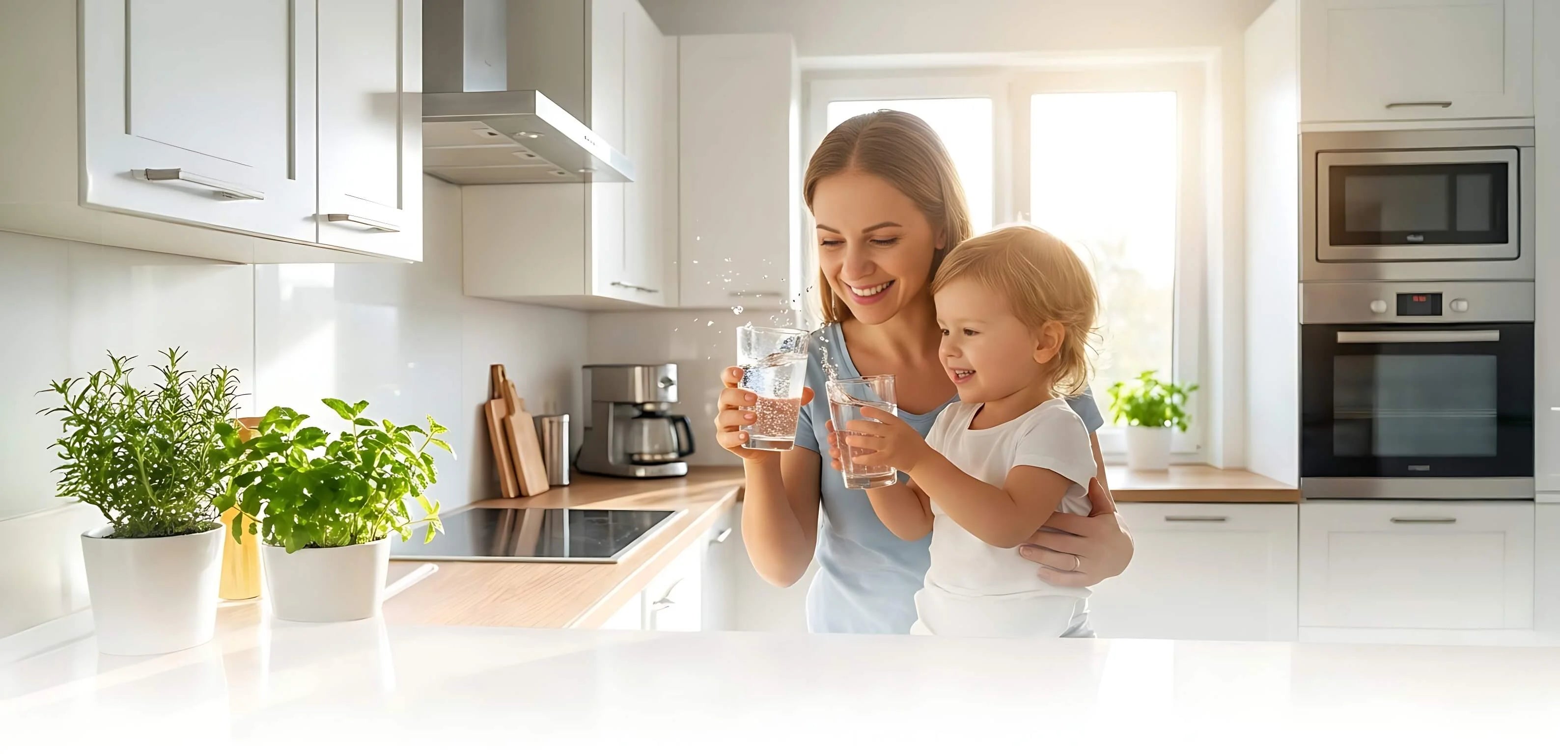 Mutter mit Kind trinken reines Osmosewasser aus Glas